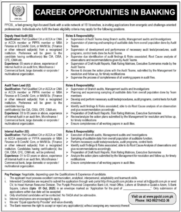The Punjab Provincial Cooperative Bank Ltd PPCBL Lahore Jobs Jobs 2025 — original advertisement