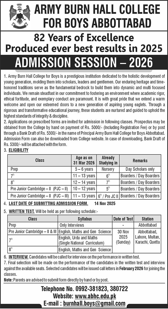 Admission Open in Army Burn Hall College Abbotttabad 2025 – Army Burn Hall College Abbottabad Admissions 2025 — original advertisement