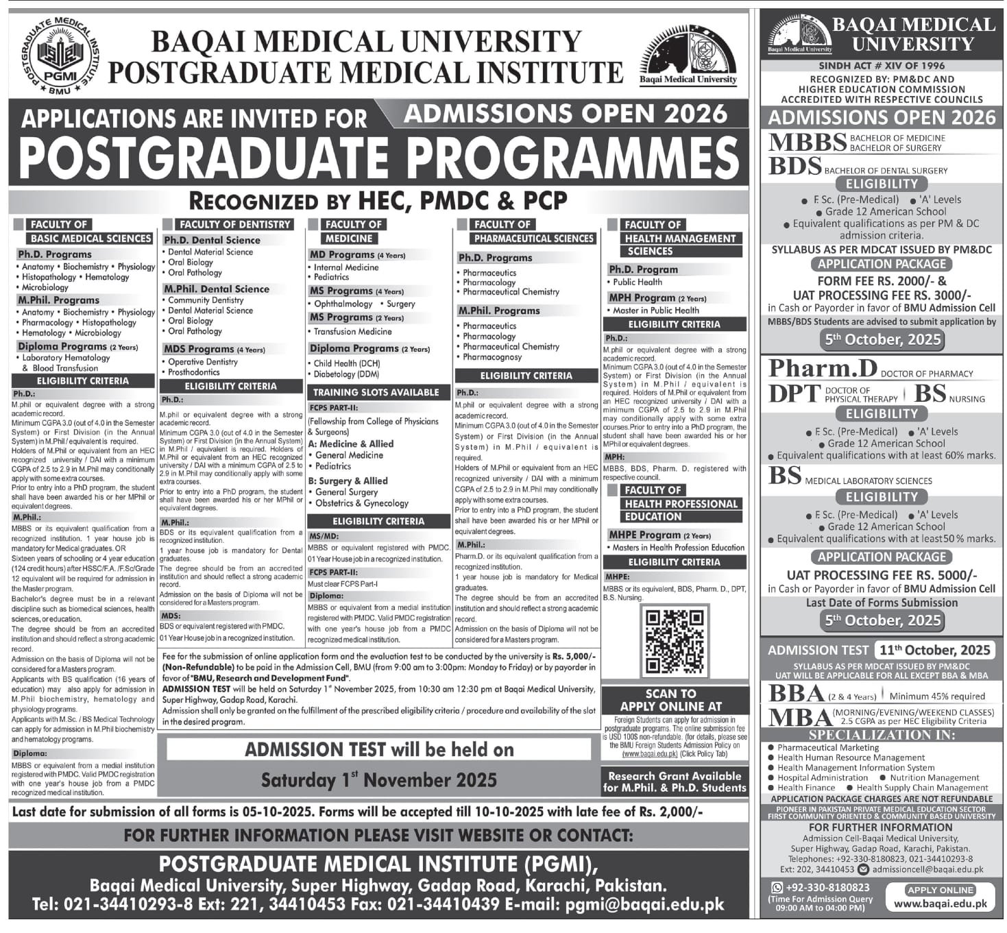 Admission Open in Baqai Medical College Karachi Sindh 2025 – Baqai Medical University Karachi Admissions 2025 — original advertisement
