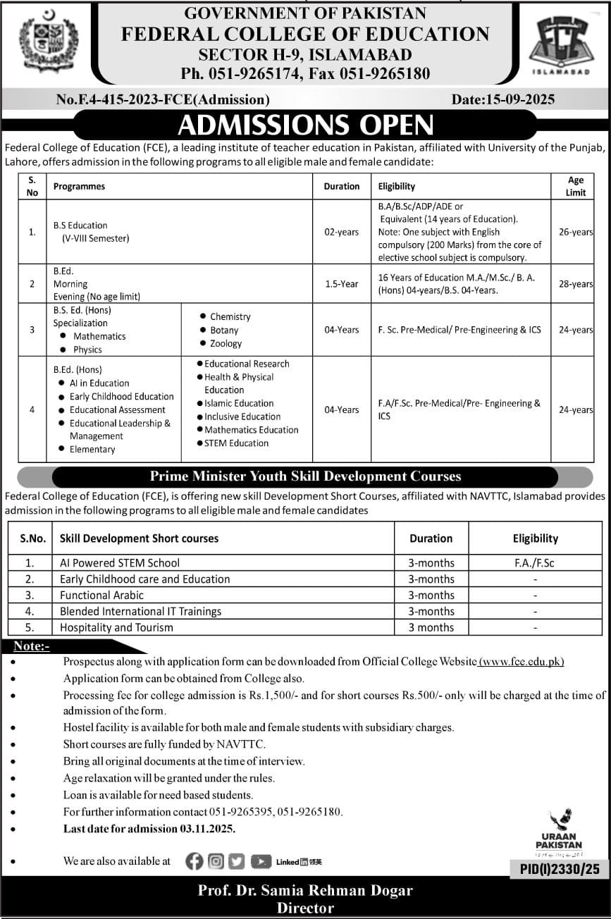 Admission Open in Federal College of Education Islamabad Admissions 2025 — original advertisement