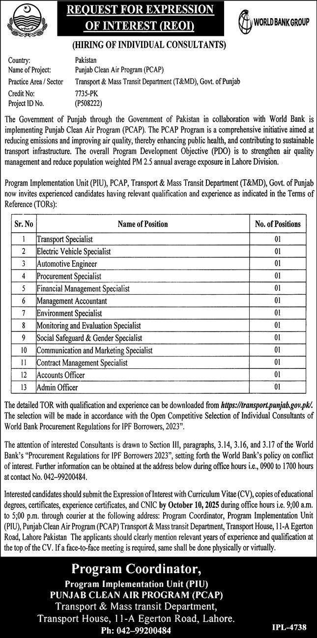 Punjab Clean Air Program PCAP Lahore Jobs 2025 – Govt of Punjab Jobs 2025 — original advertisement