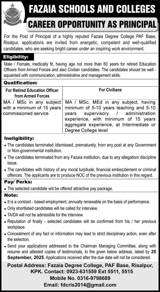 Fazaia Degree College PAF Base Risalpur Jobs 2025 – Fazaia Schools & Colleges Jobs 2025 — original advertisement