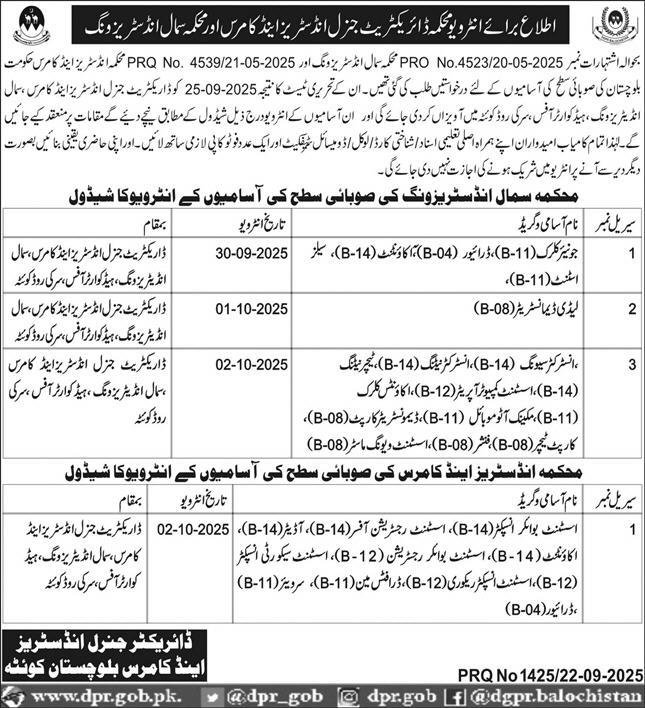 Industries & Commerce Department Jobs Interview 2025 – Small Industries Wing Balochistan Jobs 2025 — original advertisement