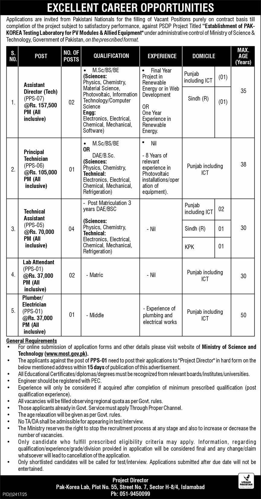 Ministry of Science and Technology MOST Islamabad Jobs 2025 – Ministry of Science & Technology Islamabad Jobs 2025 — original advertisement