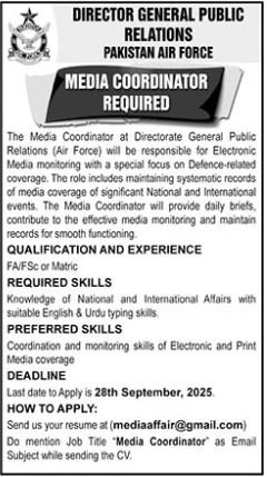 Director General Public Relations PAF Jobs 2025 – Pakistan Air Force Jobs 2025 — original advertisement