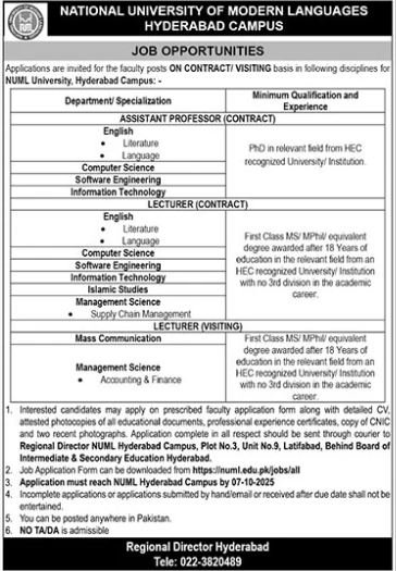 NUML University Hyderabad Campus Visiting Faculty Jobs 2025 – National University of Modern Languages Islamabad Jobs 2025 — original advertisement
