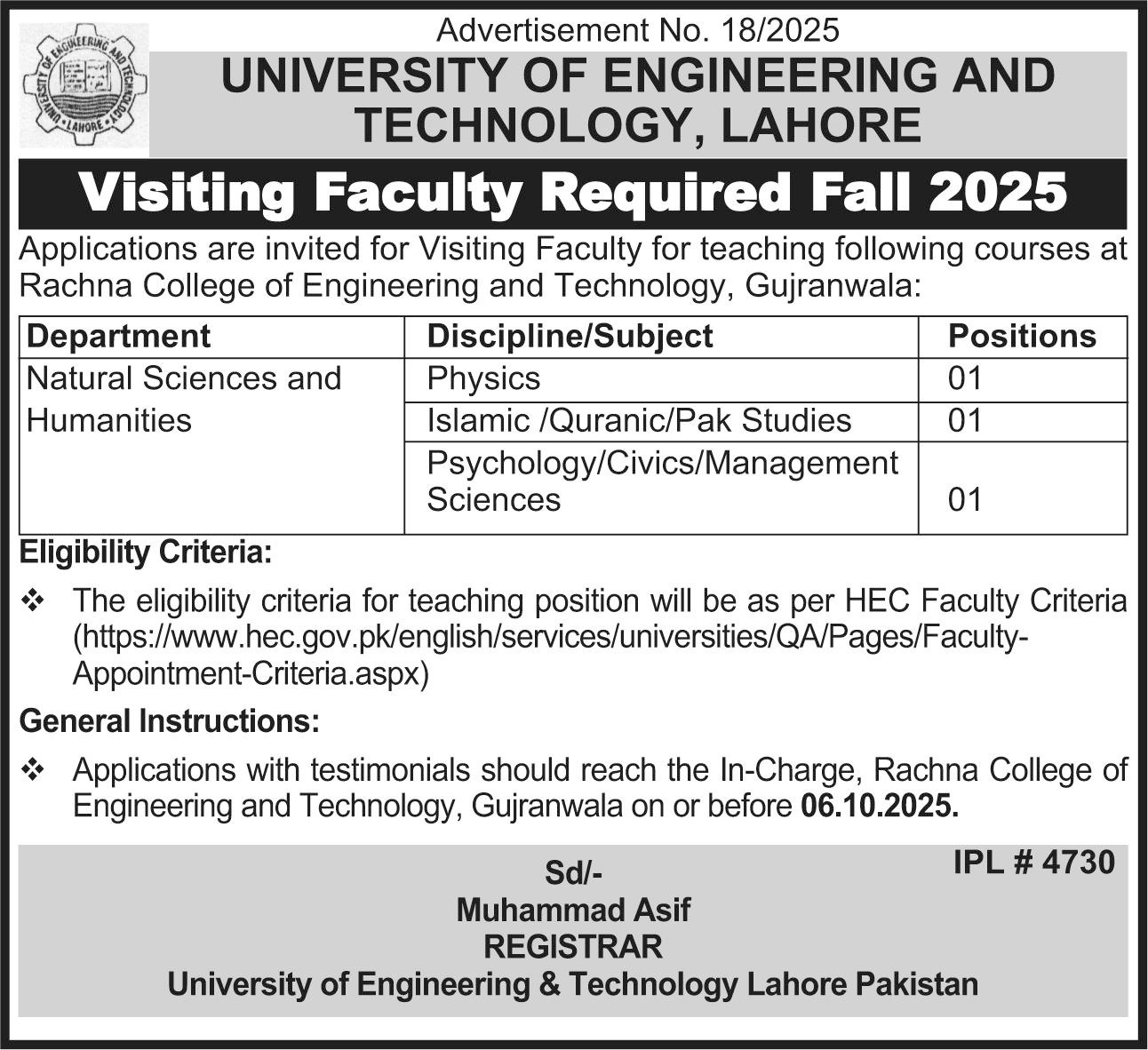 University Of Engineering And Technology UET Lahore Jobs – University of Engineering  & Technology Lahore Jobs 2025 — original advertisement