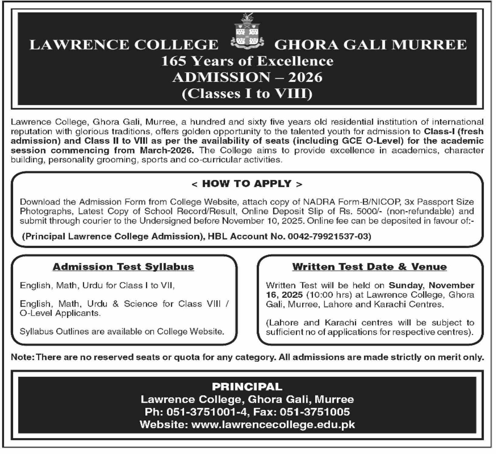 Admission Open in Lawrence College Ghora Gali Murree 2025 Admissions 2025 — original advertisement
