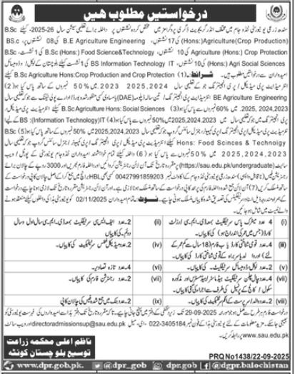 Admission Open Sindh Agriculture University, Tando Jam 2025 – Sindh Agriculture University Tandojam Admissions 2025 — original advertisement