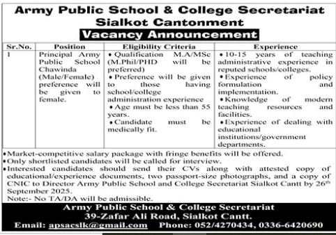 Army Public School & College APS&C Sialkot Cantt Jobs – Army Public School & College Paksitan Jobs 2025 — original advertisement