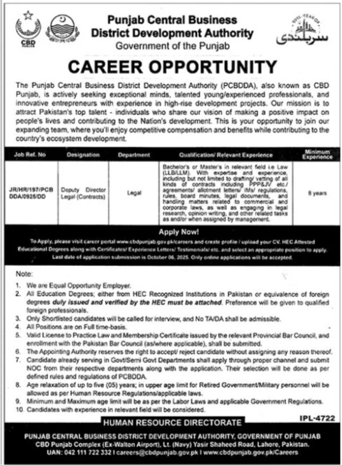 Punjab Central Business District Development Authority Job Jobs 2025 — original advertisement
