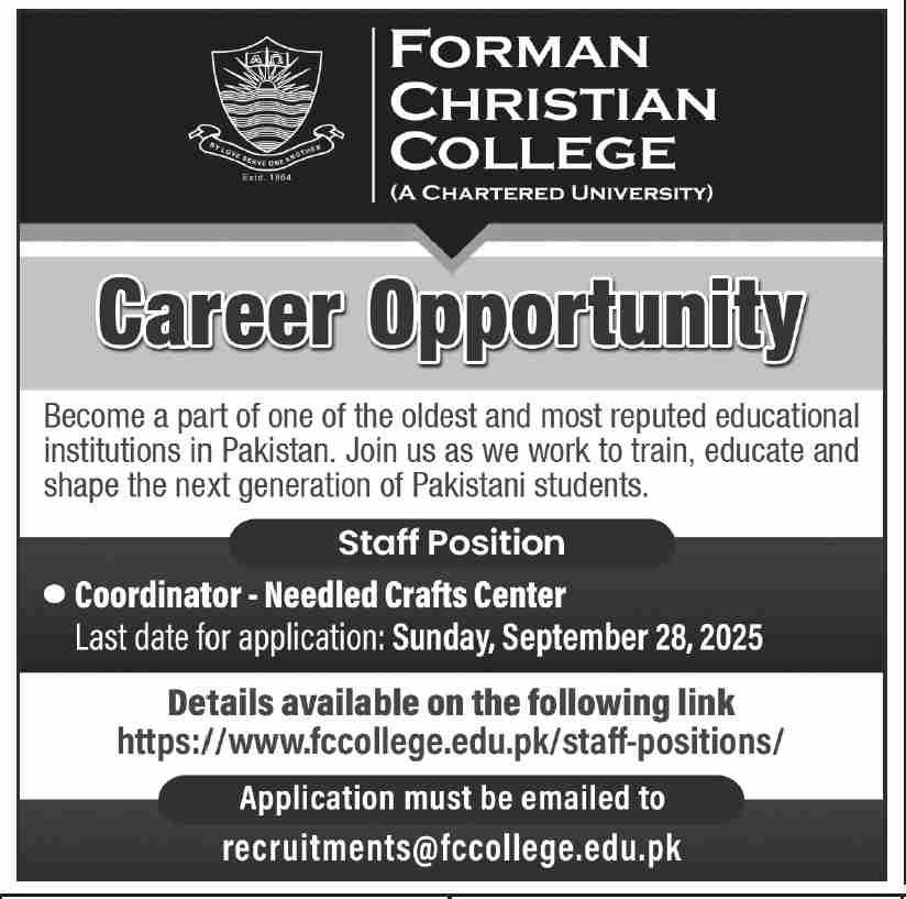 Forman Christian College Karachi Job 2025 – Forman Christian College Lahore Jobs 2025 — original advertisement