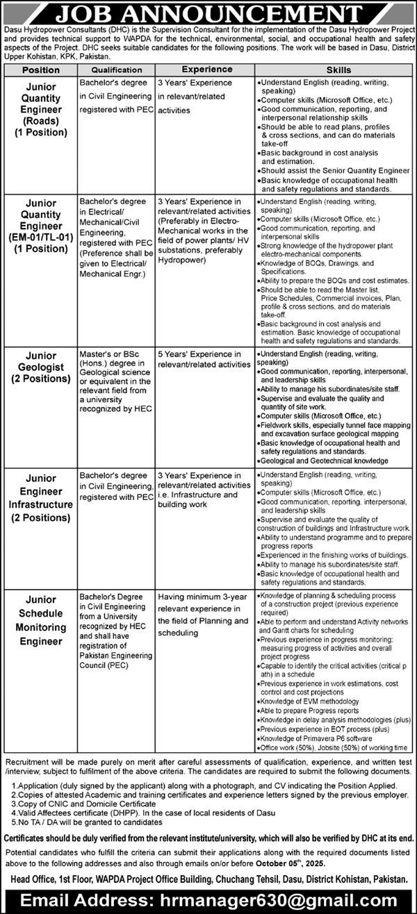 Dasu Hydropower Consultants Kohistan Jobs 2025 – Dasu Hydropower Consultants(DHC) Jobs 2025 — original advertisement