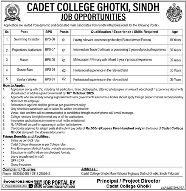 Cadet College Ghotki Jobs 2025 – Cadet College Ghotki Sindh Jobs 2025 — original advertisement