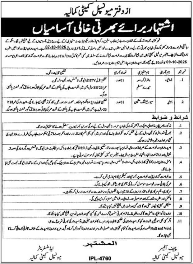 Municipal Committee Kamalia Jobs 2025 – Muncipal Commette Jobs 2025 — original advertisement