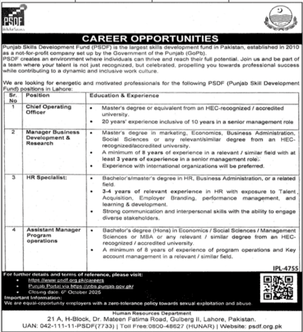 Punjab Skills Development Fund PSDF Lahore Jobs 2025 Jobs 2025 — original advertisement