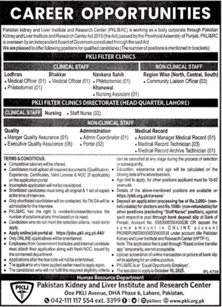 Pakistan Kidney And Liver Institute And Research Centre Jobs – Pakistan Kidney And Liver Institute (PKLI) And Research Centre Lahore Jobs 2025 — original advertisement