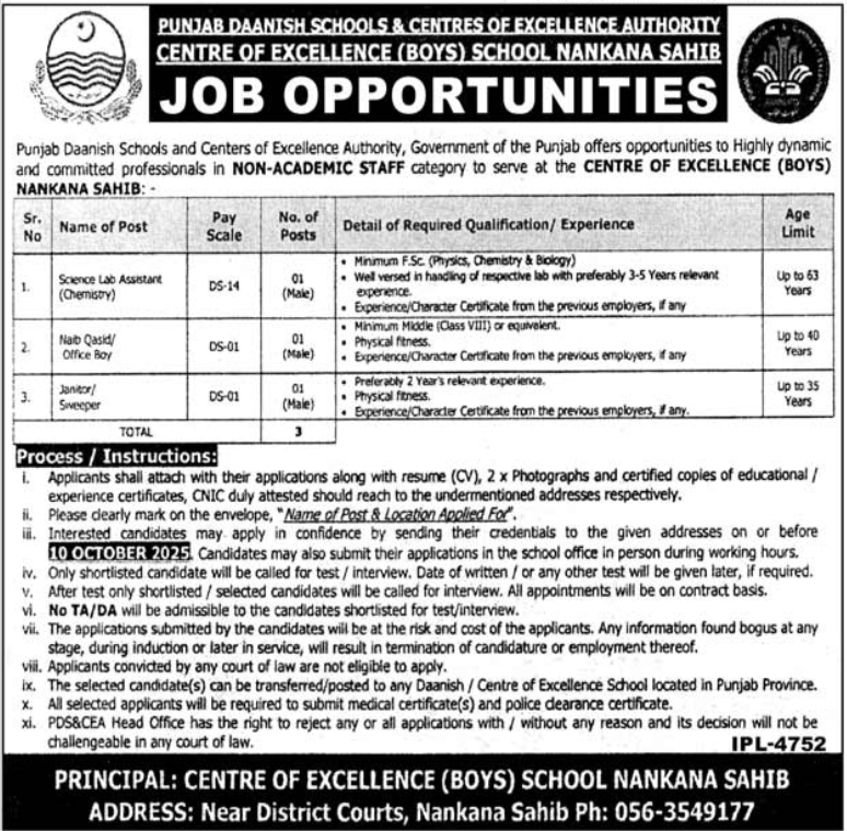 Punjab Daanish Schools Nankana Sahib Jobs 2025 Jobs 2025 — original advertisement