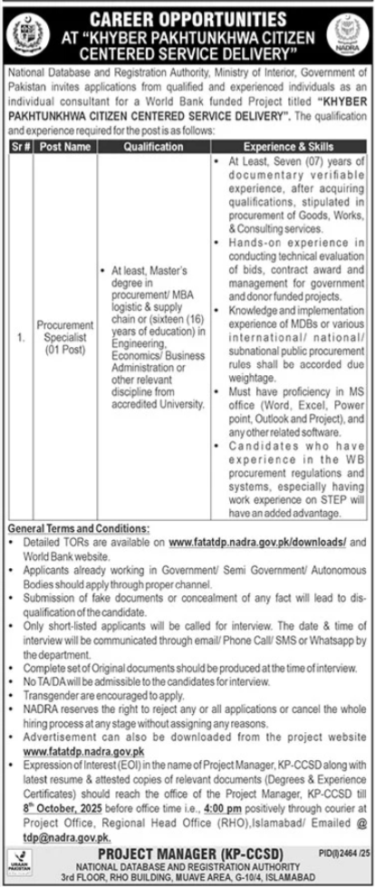 Khyber Pakhtunkhwa Citizen Centered Service Delivery Jobs – National Database and Registration Authority Jobs 2025 — original advertisement