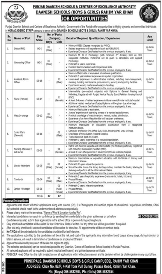 Punjab Daanish School PDS&CEA Rahim Yar Khan Jobs 2025 Jobs 2025 — original advertisement