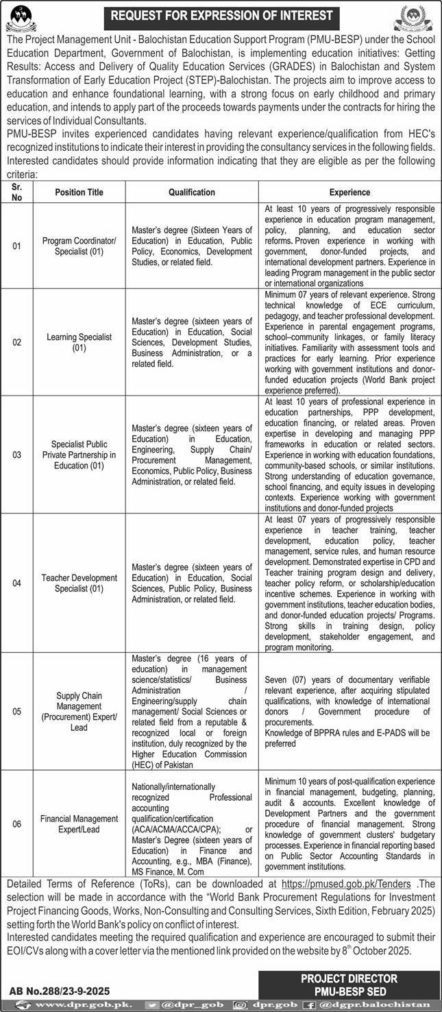 Balochistan Education Support Program PMU BESP Jobs 2025 – Balochistan Human Capital Investment Project BHCIP Jobs 2025 — original advertisement