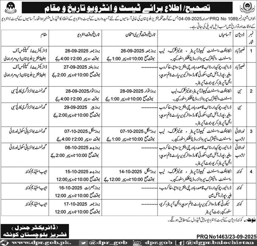 Balochistan Fisheries Department Jobs Interview 2025 – Fisheries Department Balochistan Jobs 2025 — original advertisement