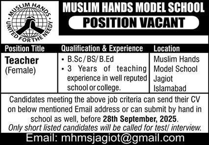 Muslim Hands Model School Jagiot Islamabad Jobs 2025 Jobs 2025 — original advertisement