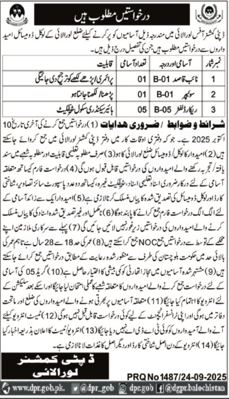 Revenue Department Loralai Jobs 2025 – Revenue Department Balochistan Jobs 2025 — original advertisement