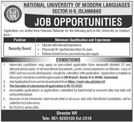 National University Of Modern Languages NUML Islamabad Job – National University of Modern Languages Islamabad Jobs 2025 — original advertisement