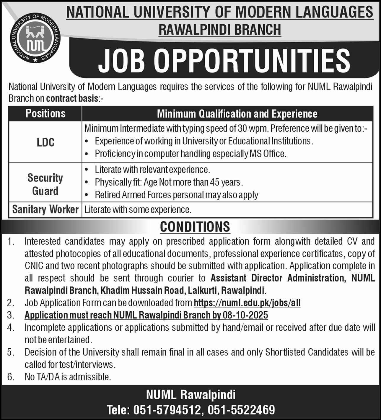 National University Of Modern Languages NUML Rawalpindi Jobs – National University of Modern Languages Islamabad Jobs 2025 — original advertisement