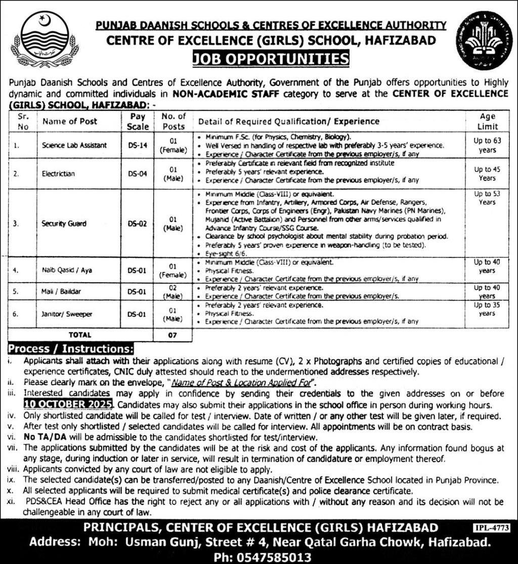 Punjab Daanish School PDS&CEA Hafizabad Jobs 2025 Jobs 2025 — original advertisement