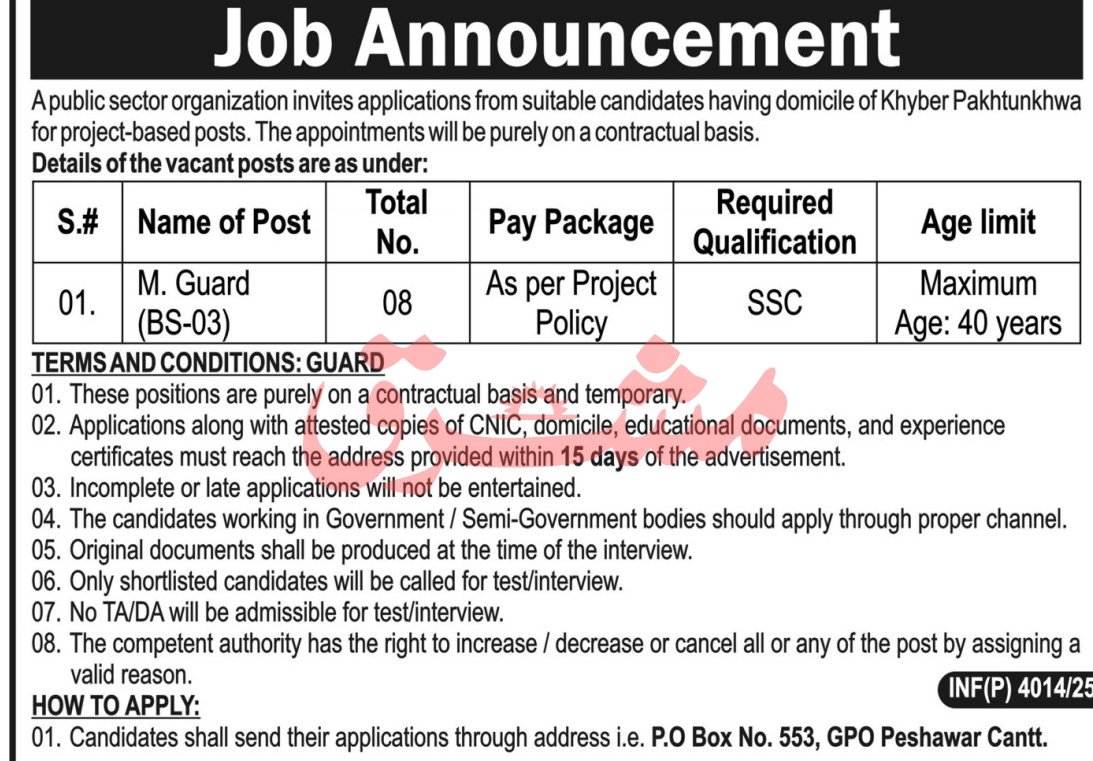 Public Sector Organization Peshawar Cantt Job 2025 Jobs 2025 — original advertisement
