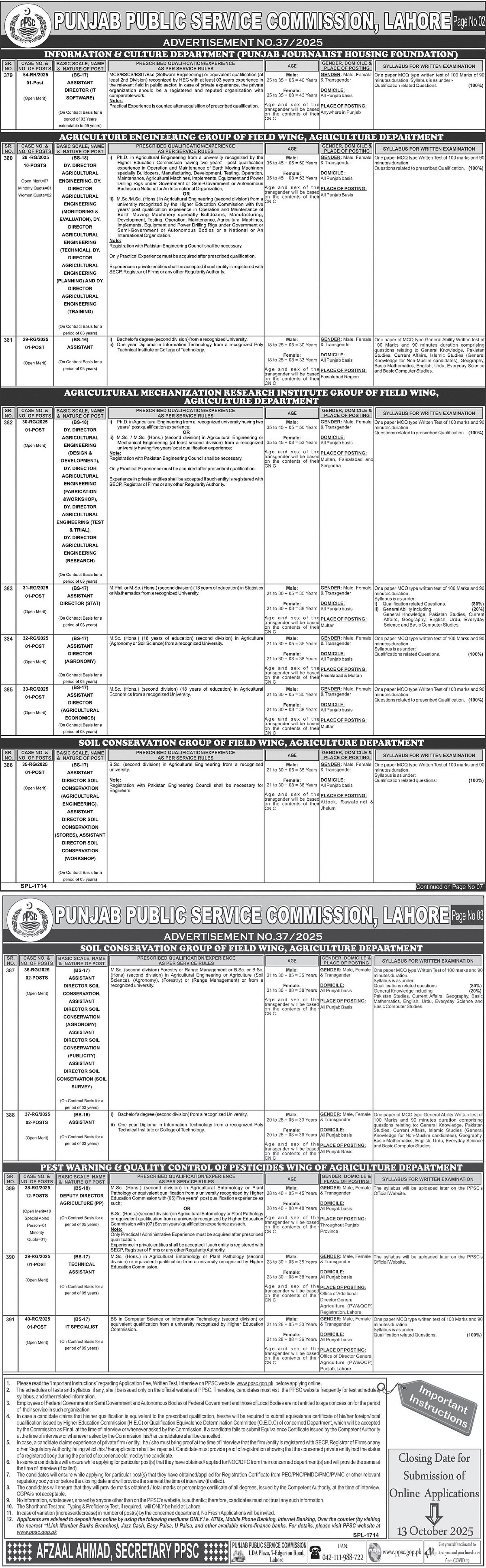 Punjab Public Service Commission PPSC Jobs 37/2025 – Punjab Public Service Commission Lahore Jobs 2025 — original advertisement