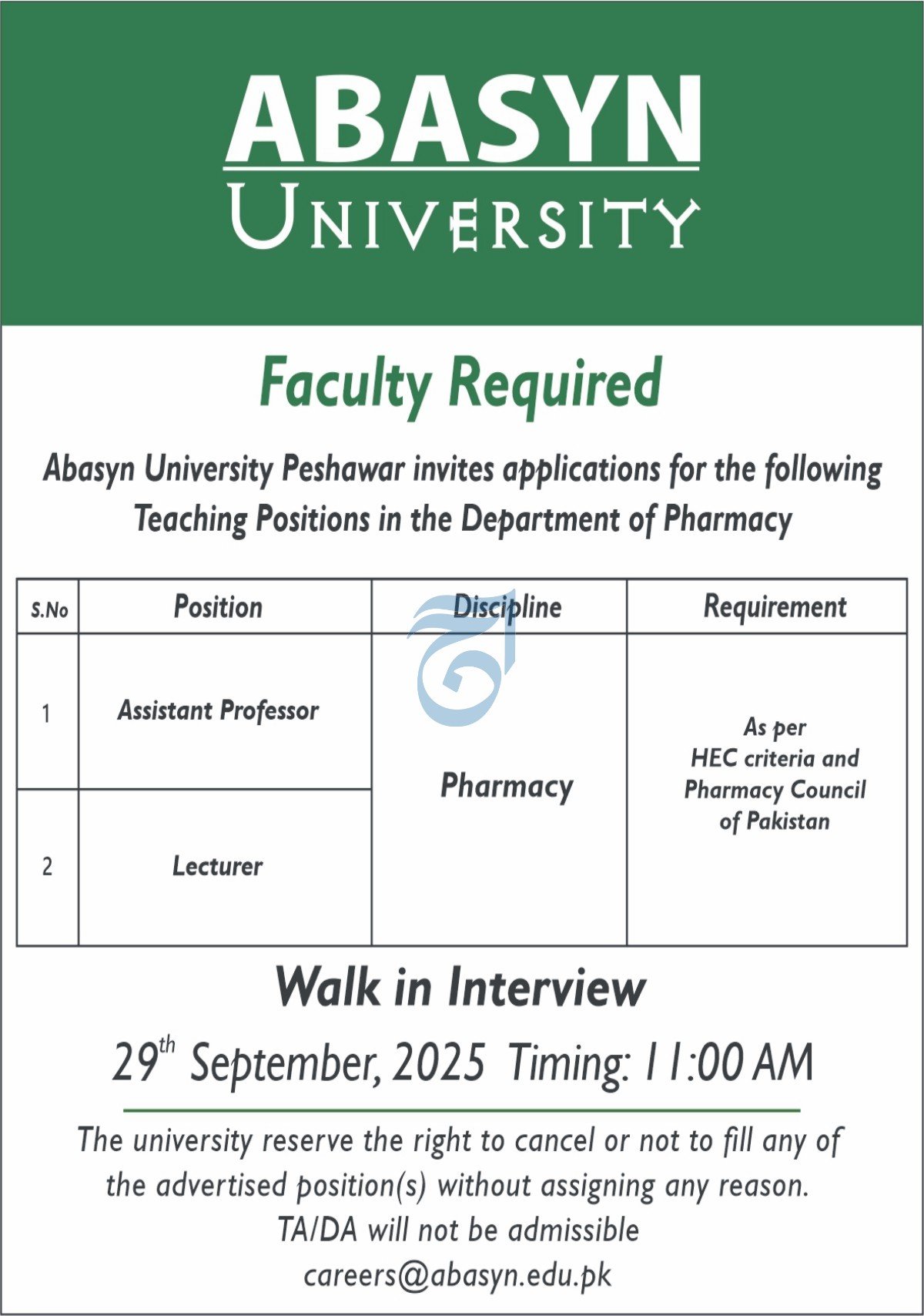 ABASYN University Peshawar Jobs 2025 Jobs 2025 — original advertisement