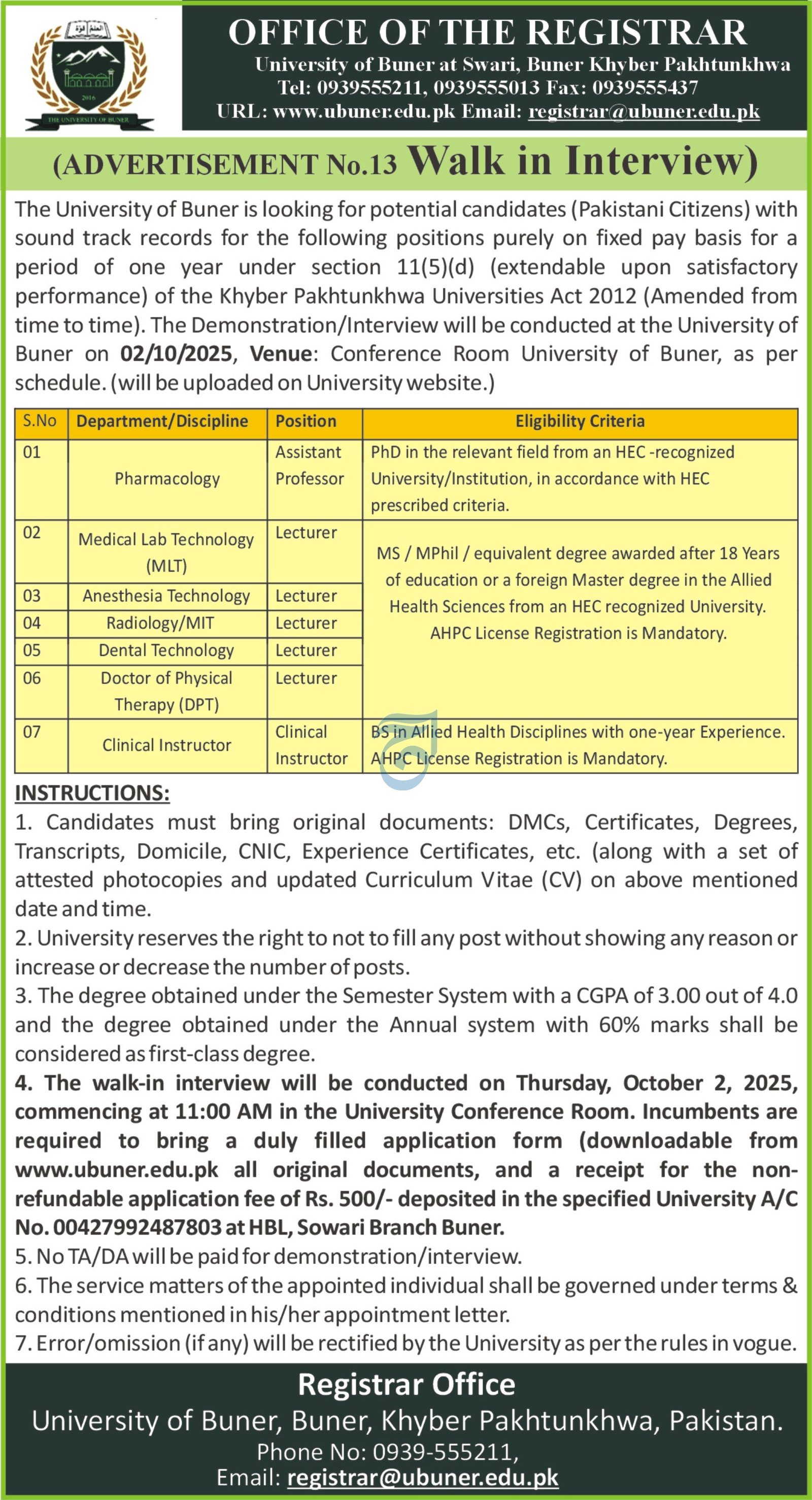 The University Of Buner Jobs 2025 Jobs 2025 — original advertisement