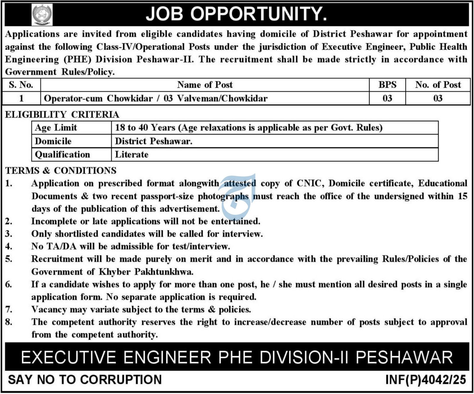 Public Health Engineering Division Peshawar Job 2025 – Public Health Engineering Department KPK Jobs 2025 — original advertisement