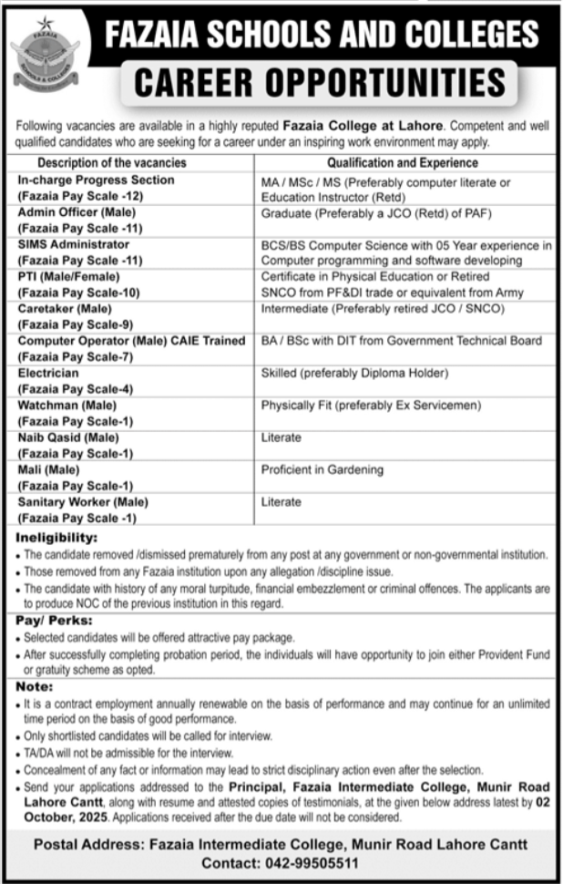 Fazaia Intermediate College Munir Road Lahore Jobs 2025 – Fazaia Schools & Colleges Jobs 2025 — original advertisement