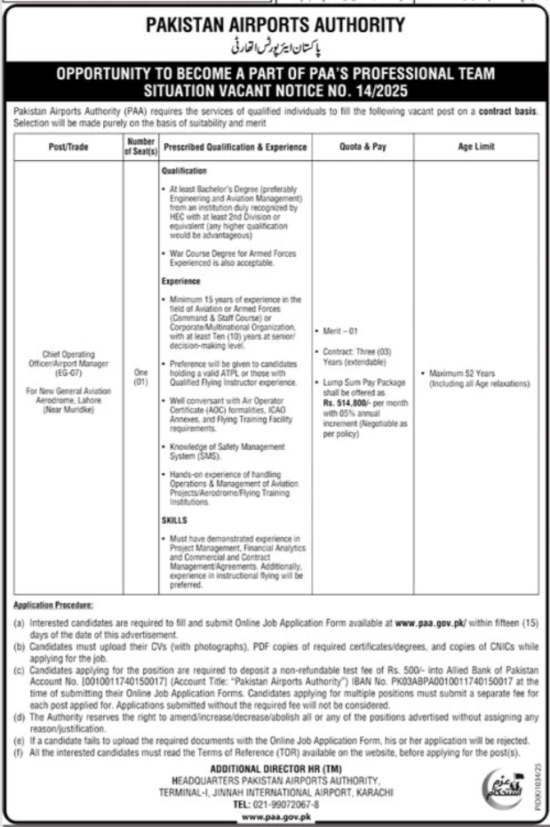 Pakistan Airports Authority PAA Karachi Jobs 2025 Jobs 2025 — original advertisement
