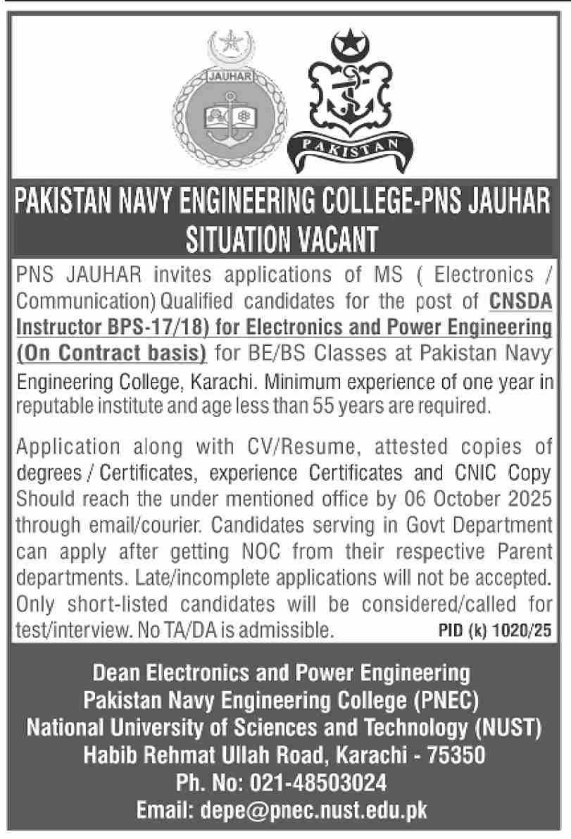 Pakistan Navy Engineering College PNS Jauhar Jobs 2025 Jobs 2025 — original advertisement