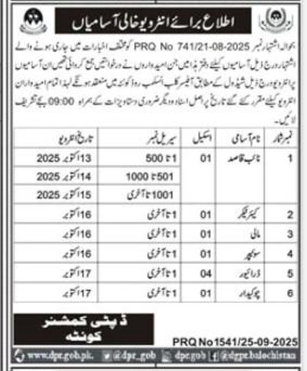 Deputy Commissioner office Quetta Jobs Interview 2025 – Revenue Department Balochistan Jobs 2025 — original advertisement