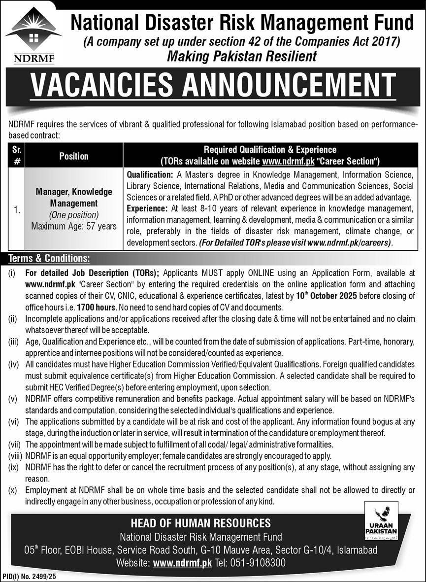 National Disaster Risk Management Fund Jobs 2025 – National Disaster & Risk Management Fund Jobs 2025 — original advertisement