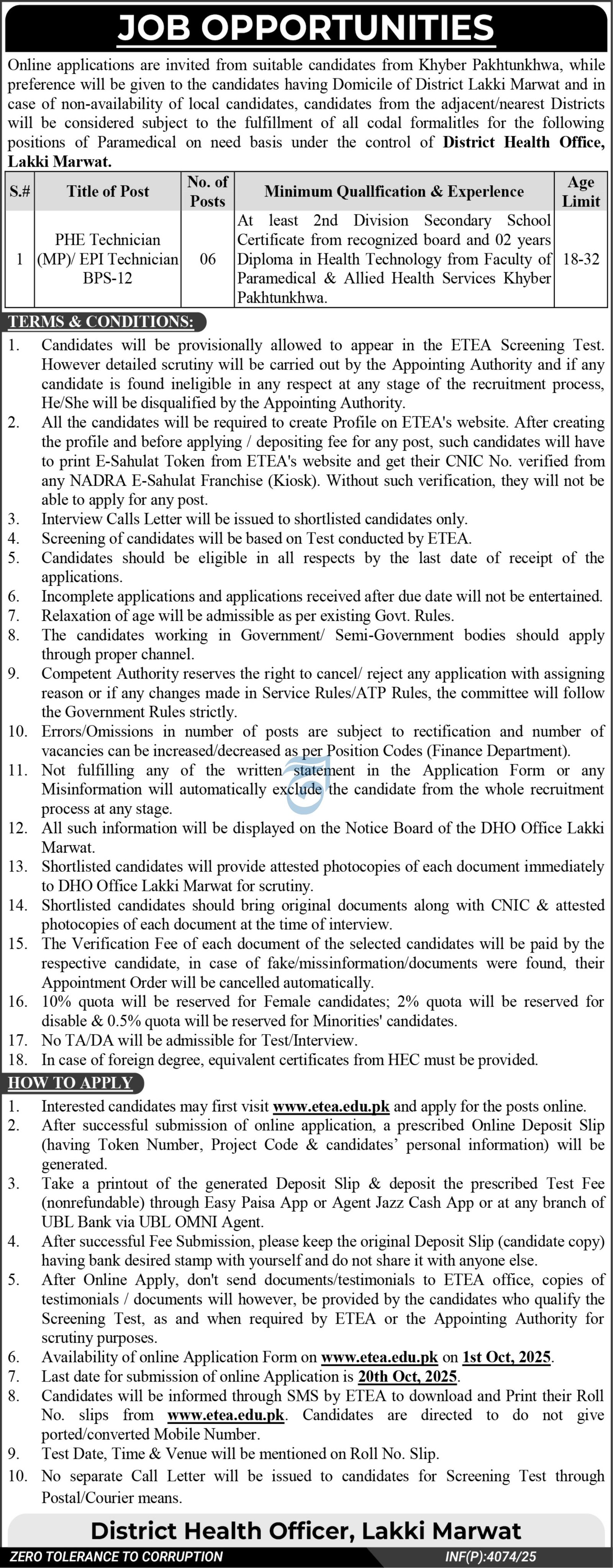 District Health Officer Lakki Marwat Jobs 2025 – Health Department KPK Jobs 2025 — original advertisement