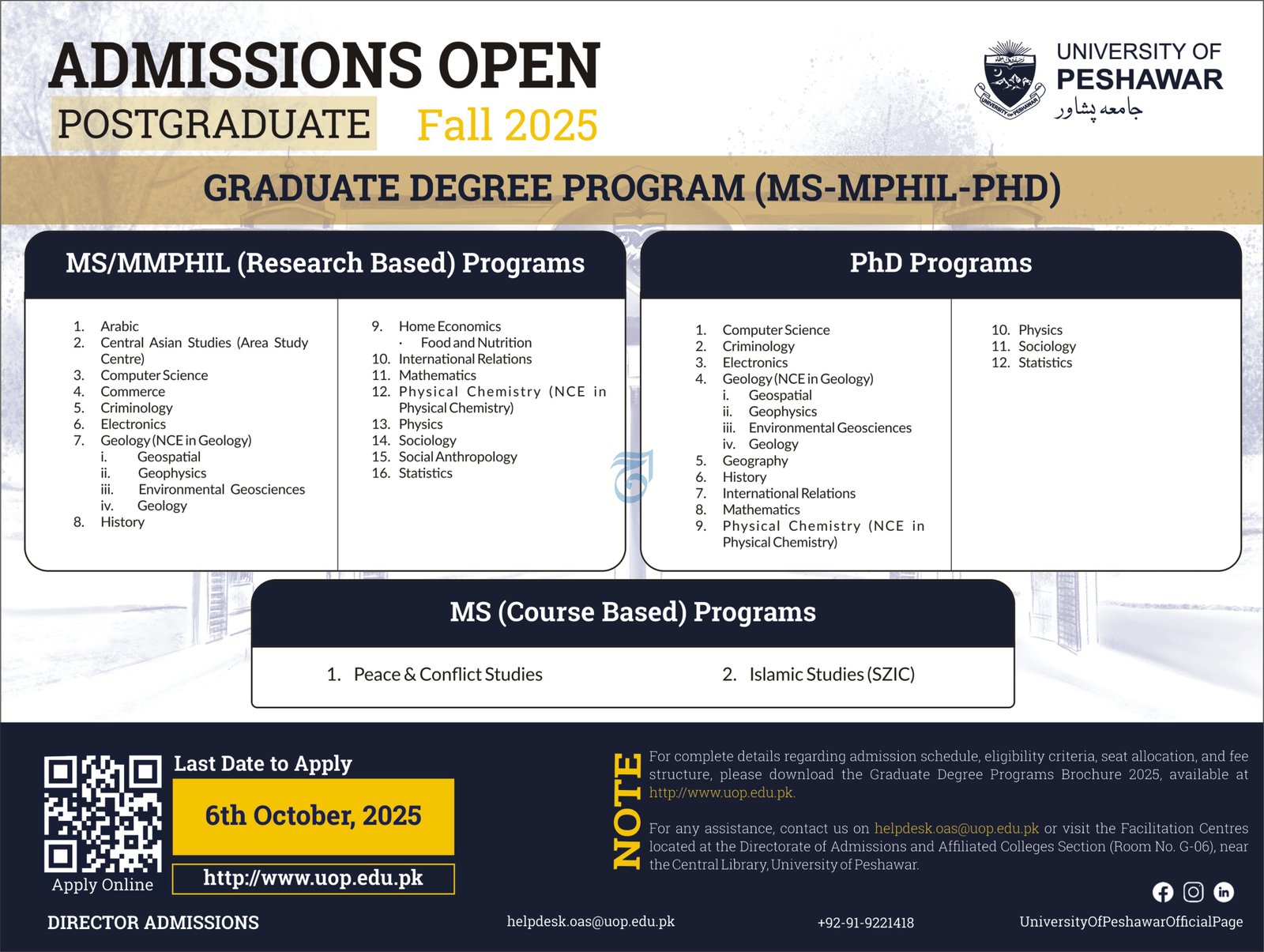 Admission Open in University of Peshawar 2025 Admissions 2025 — original advertisement