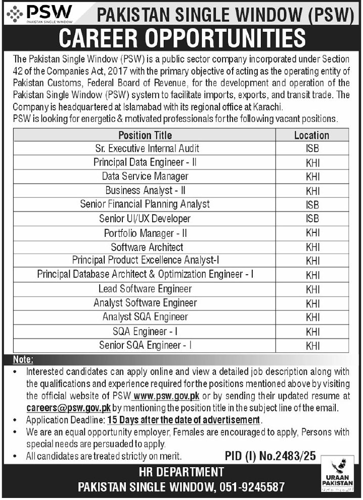 PSW Pakistan Single Window Jobs 2025 – Pakistan Single Window PSW Jobs 2025 — original advertisement