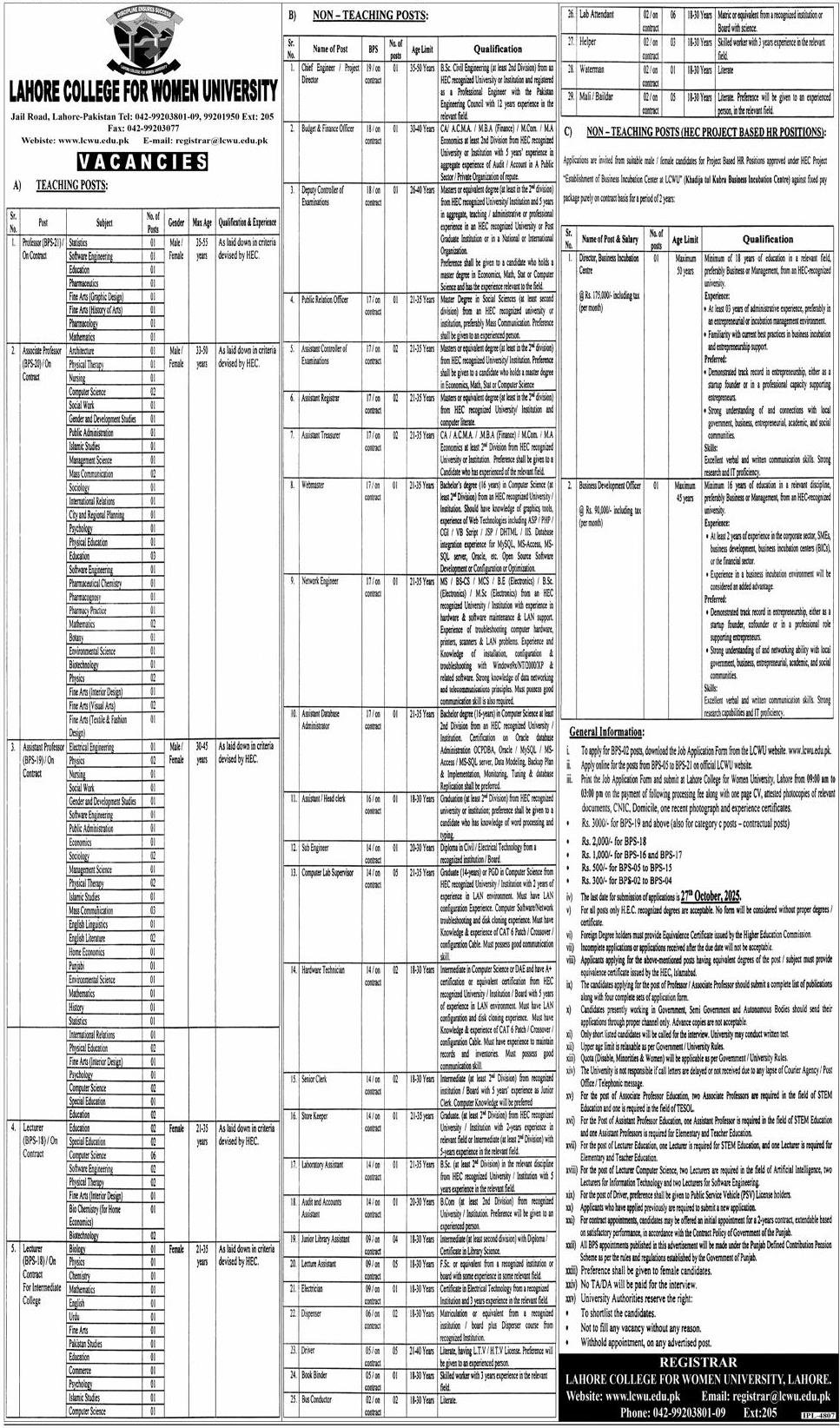 Lahore College For Woman University LCWU Jobs 2025 – Lahore College for Women University Lahore Jobs 2025 — original advertisement