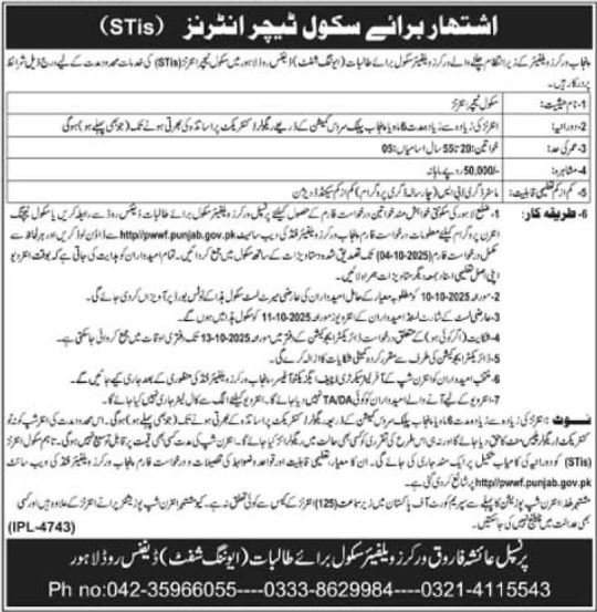 Workers Welfare School Lahore Jobs 2025 – Public Sector Organization Jobs 2025 — original advertisement