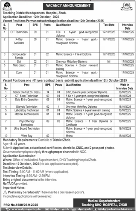 DHQ Teaching Hospital Zhob Jobs 2025 – District Health Officer Jobs 2025 — original advertisement