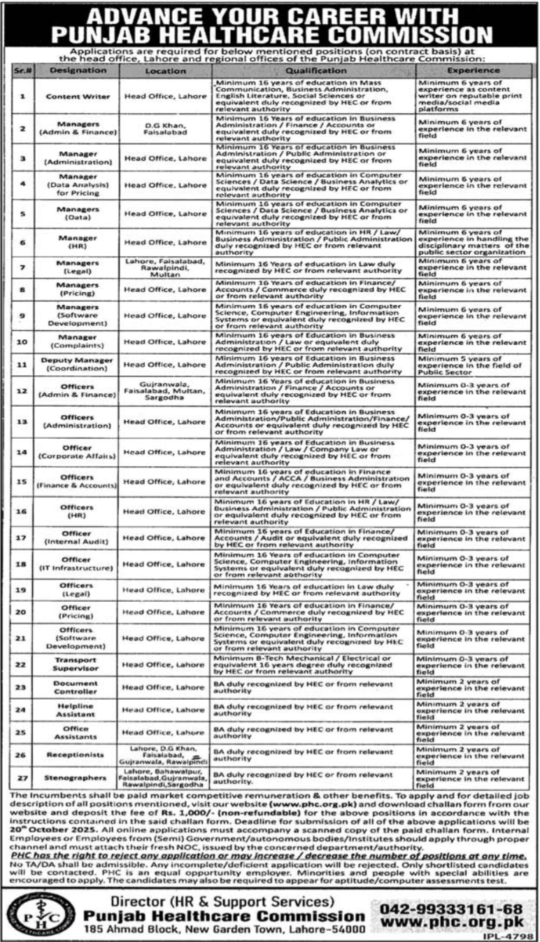 Punjab Healthcare Commission PHC Lahore Jobs 2025 Jobs 2025 — original advertisement