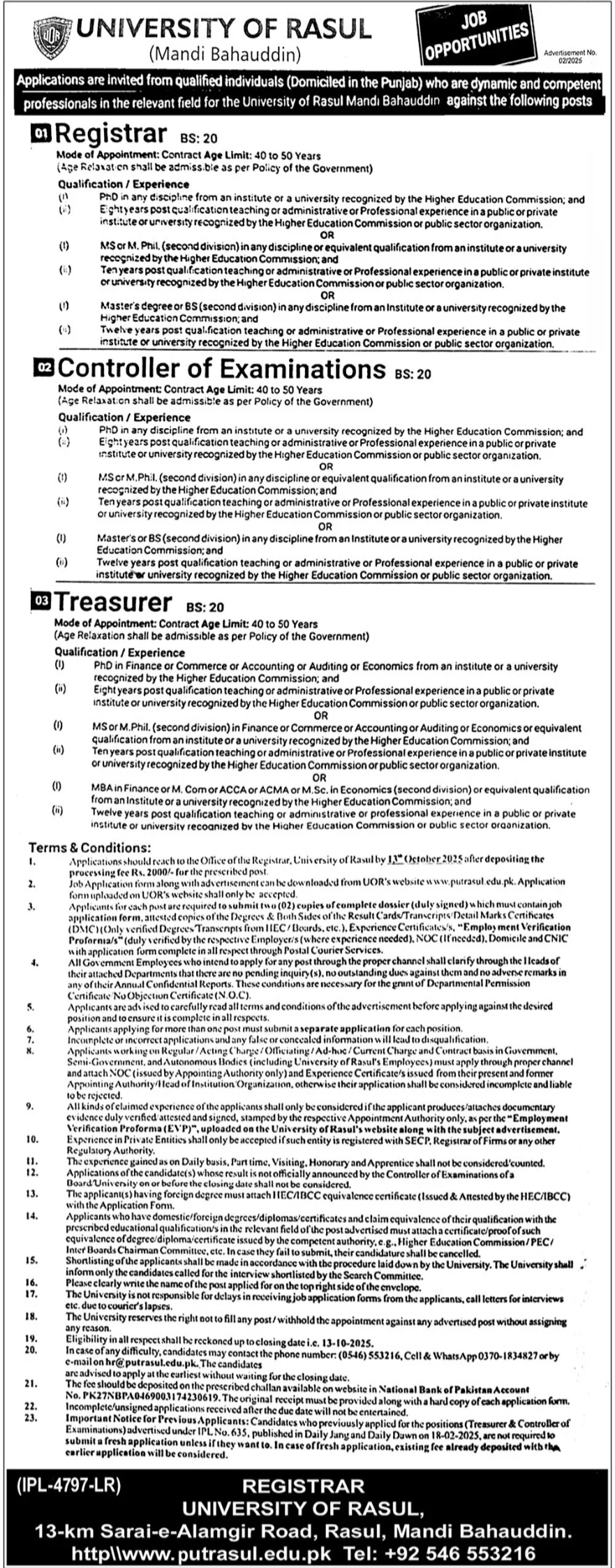 University of Rasul Mandi Bahauddin Jobs 2025 – Punjab University of Technology Rasul District Mandi Bahaudin Jobs 2025 — original advertisement