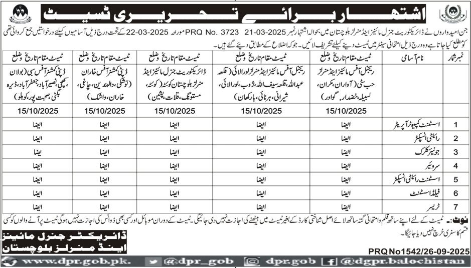 Directorate General Mines & Minerals Jobs Interview 2025 – Mines and Minerals Department Balochistan Jobs 2025 — original advertisement